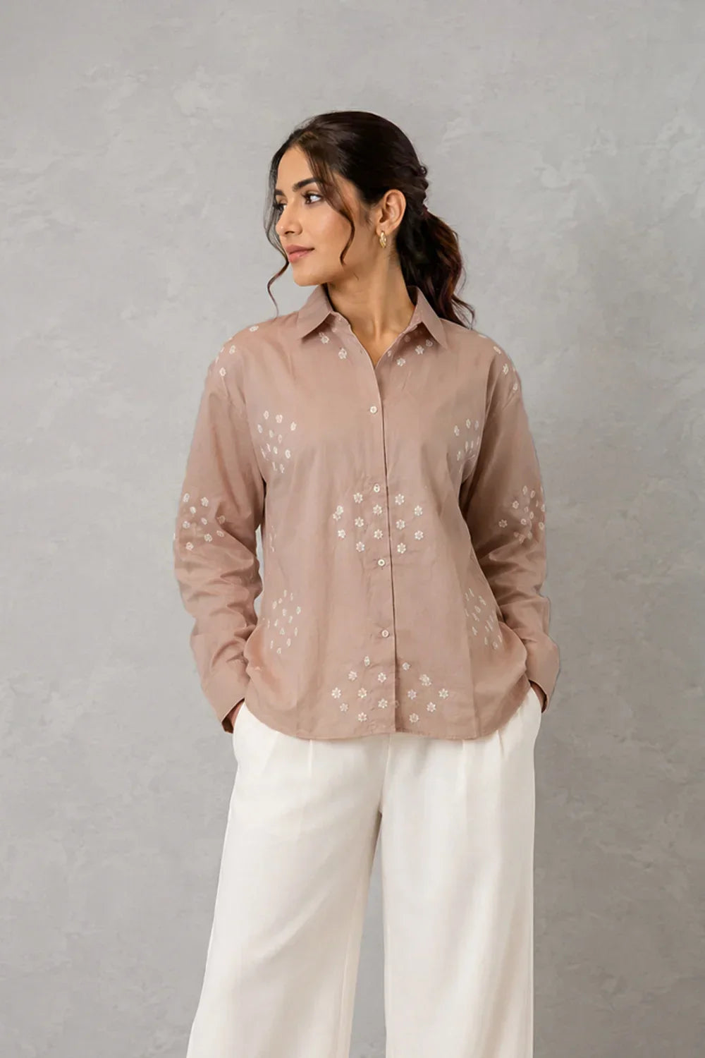 Beige Pure Cotton Embriodered Shirt | SHOBITAM