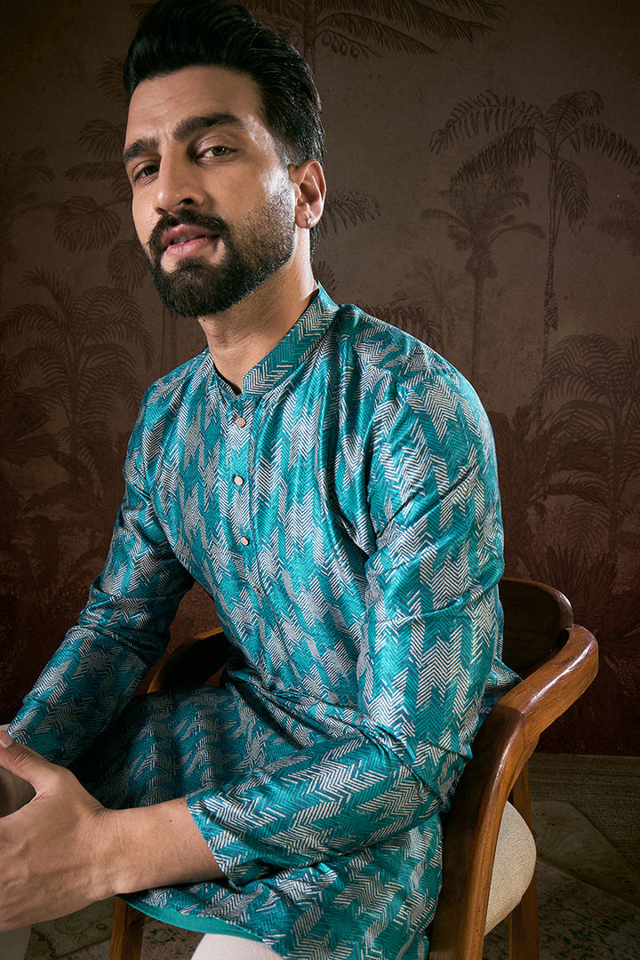 Turquoise Blue Silk Blend Chevron Printed Straight Kurta For Men | SHOBITAM