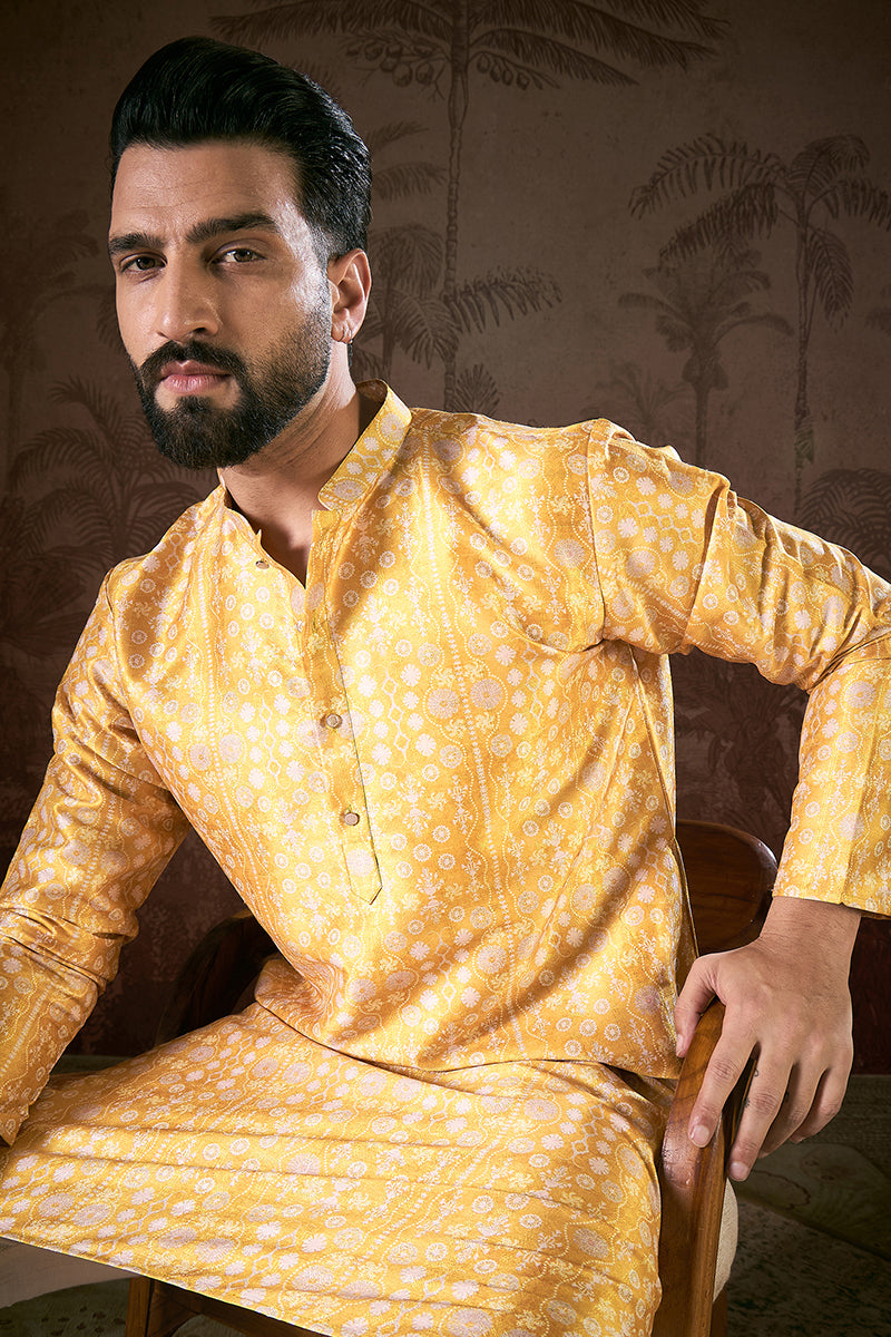Yellow Silk Blend Floral Printed Straight Kurta With Trouser | SHOBITAM