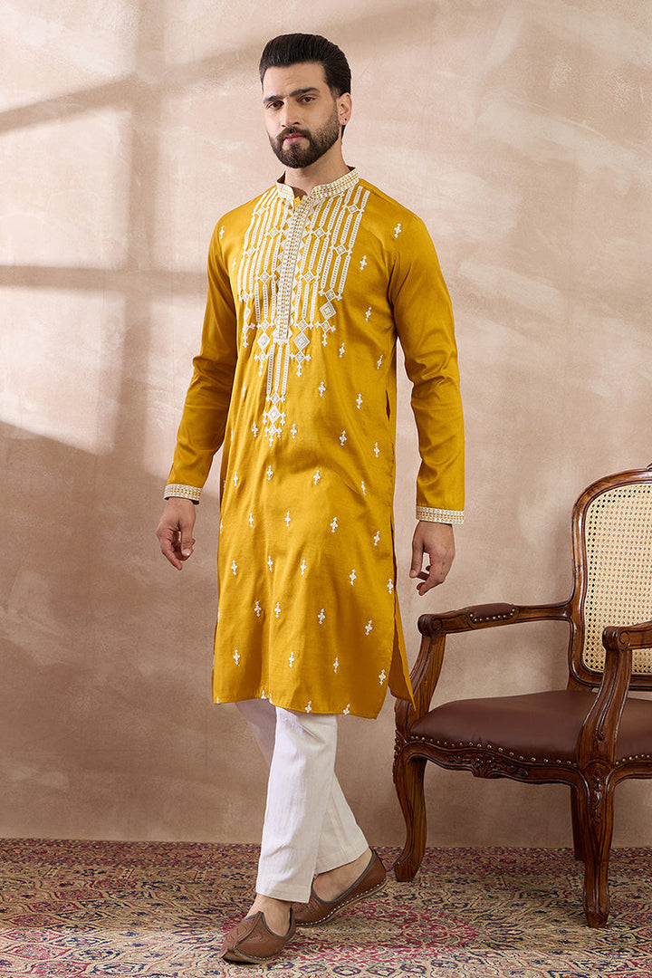 Yellow Silk Blend Embroidered Mandarin Collar Straight Kurta With Trouser | SHOBITAM