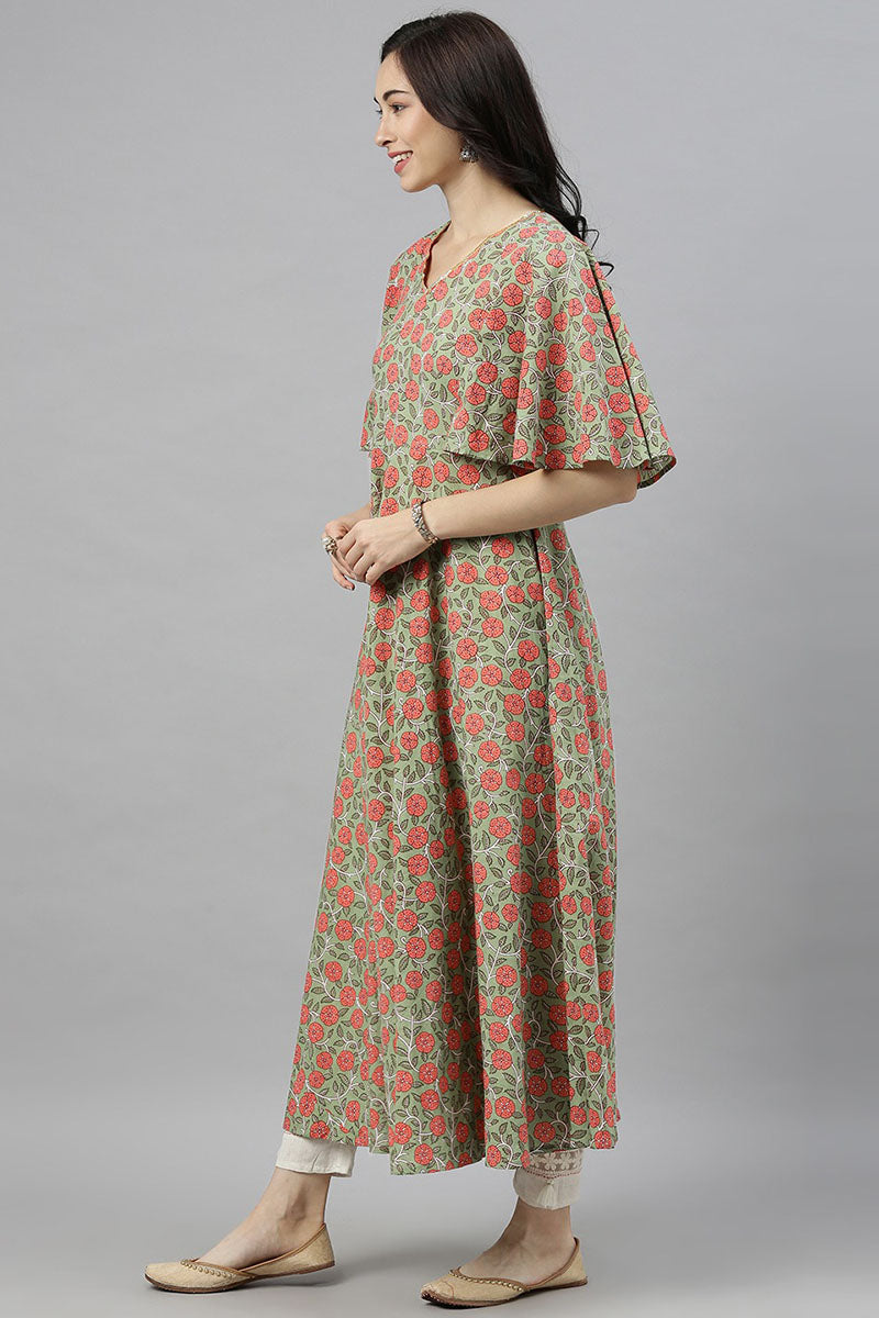 Green Cotton Flared Kurta | SHOBITAM