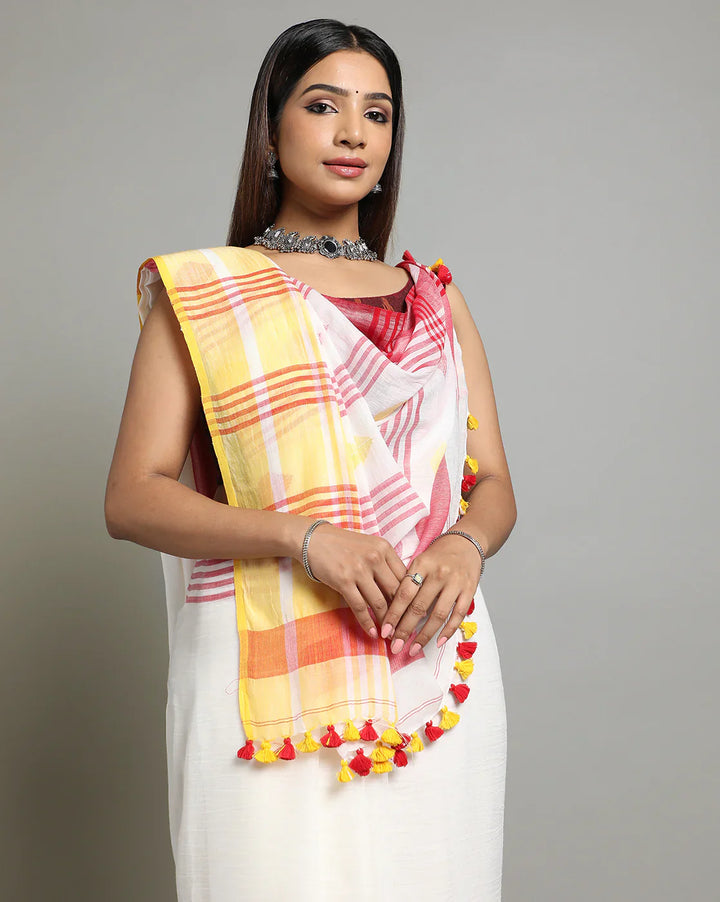 White Red Diamond Jamdani Cotton Saree