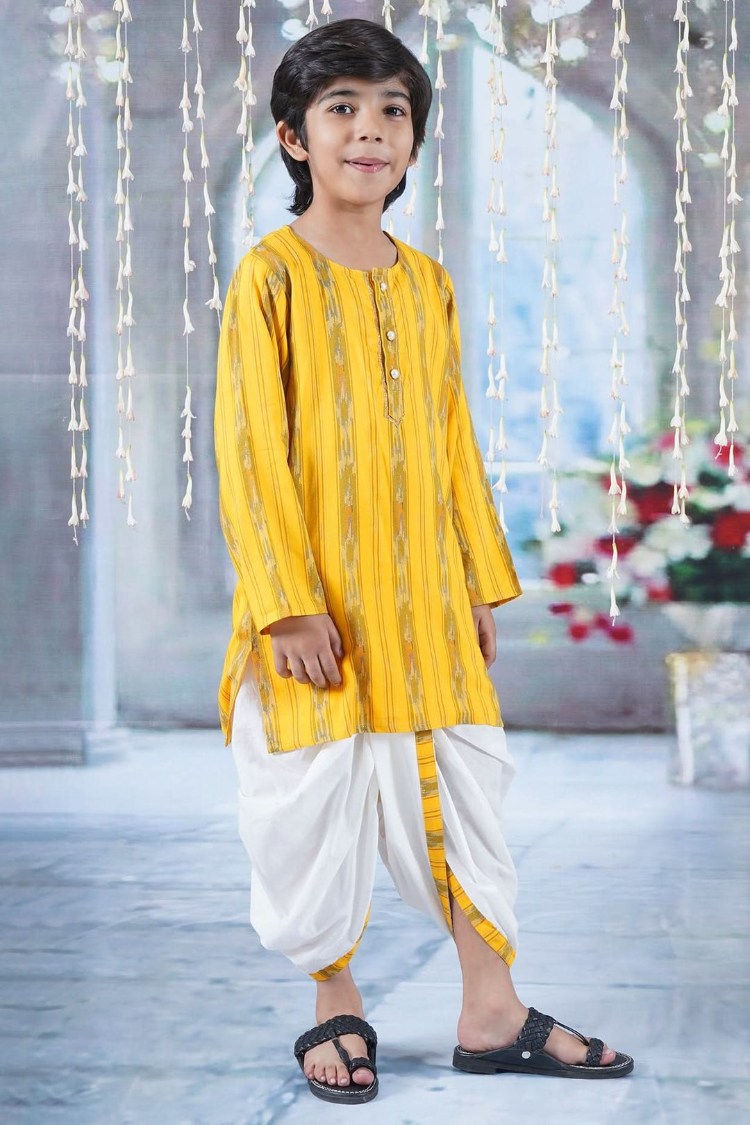Boys Cotton Full Sleeves Ikat Kurta with Dhoti and Pearl Buttons - Yellow | SHOBITAM