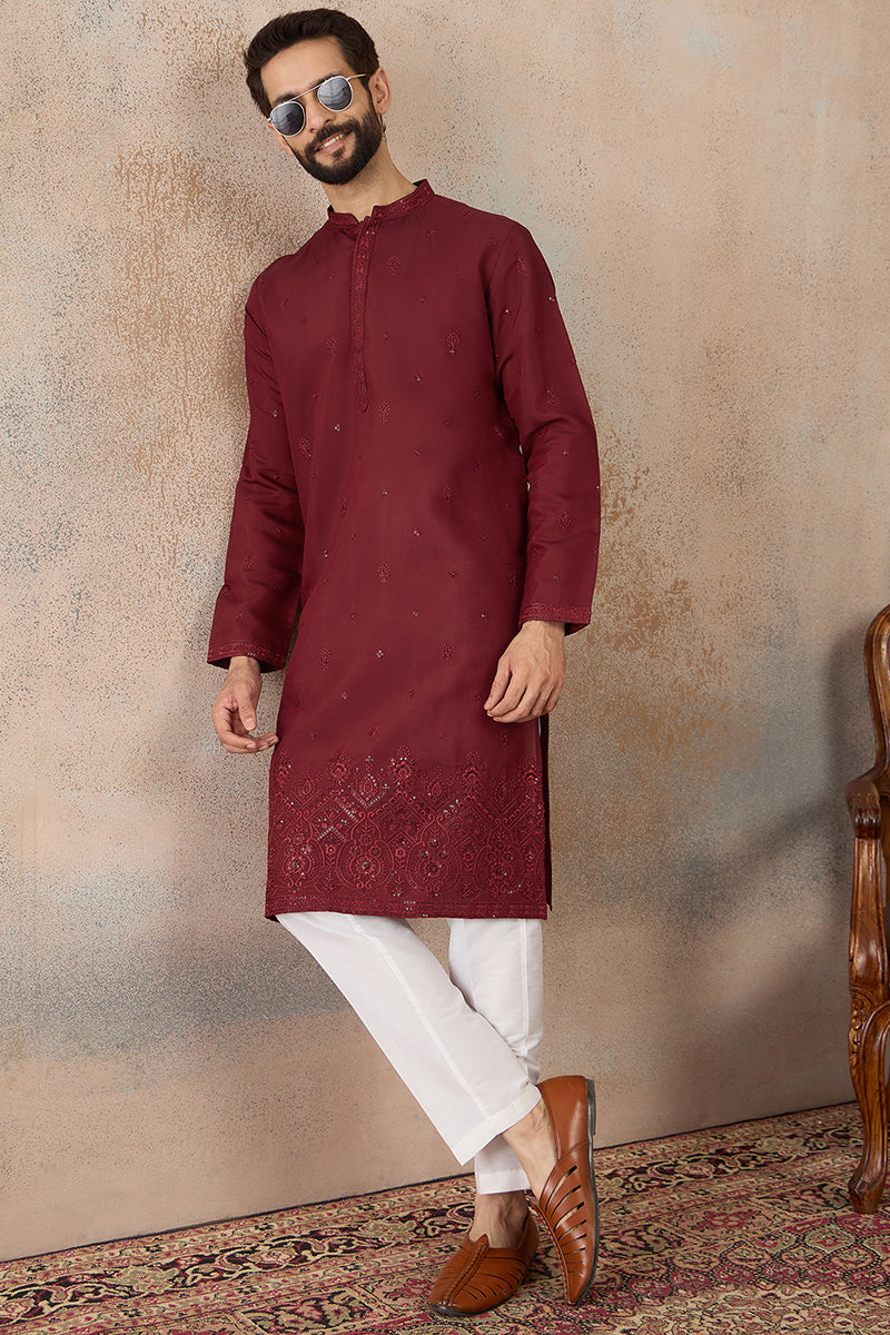 Mens Maroon Silk Blend Solid Emboidered Straight Kurta With Trouser | SHOBITAM
