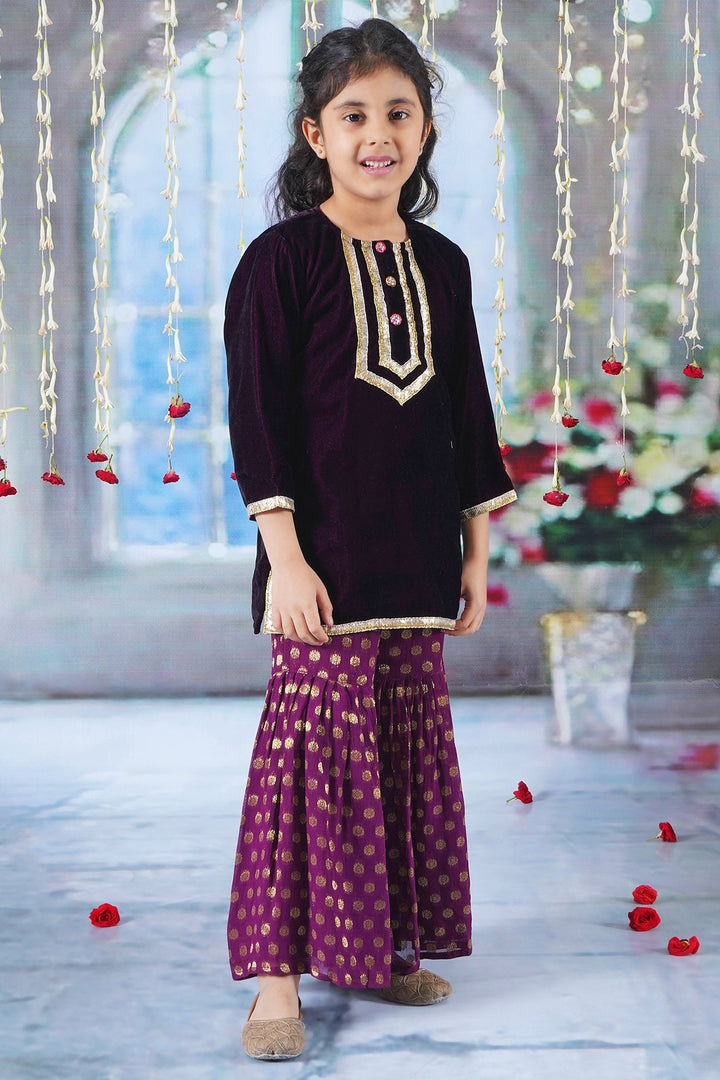 Girls Velvet Kurta with Banarsi Sharara and Embroided Dupatta with Potli | SHOBITAM