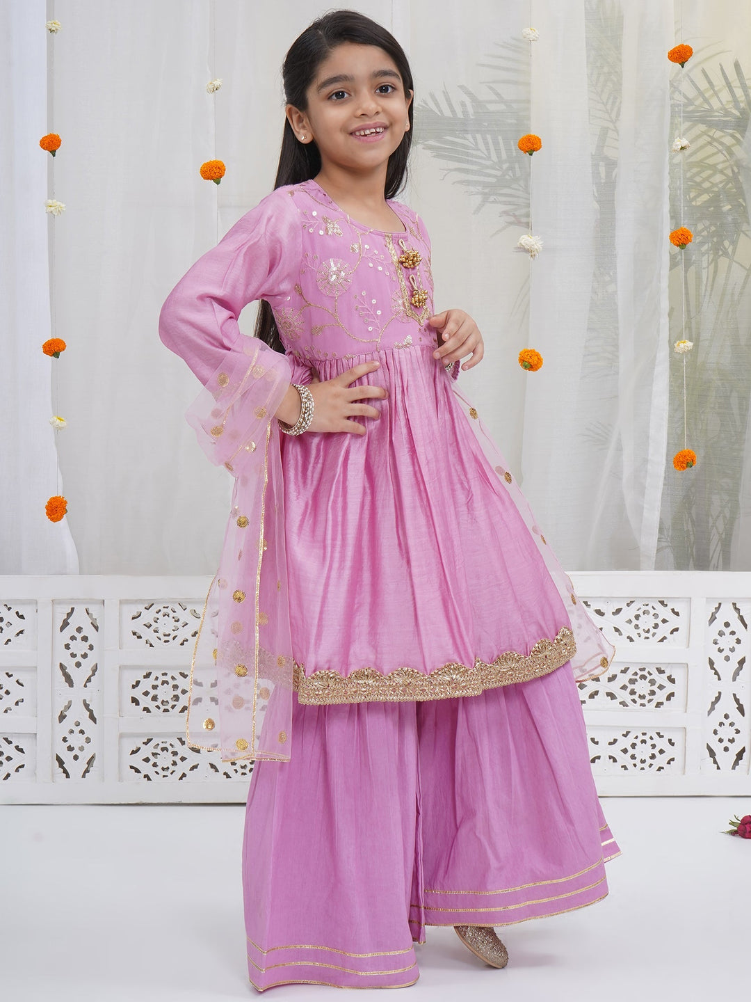 Girls Lavender Pink Chanderi Semi-Silk Floral Embroidery Kurta Sharara Set with Dupatta & Cotton Lining | SHOBITAM