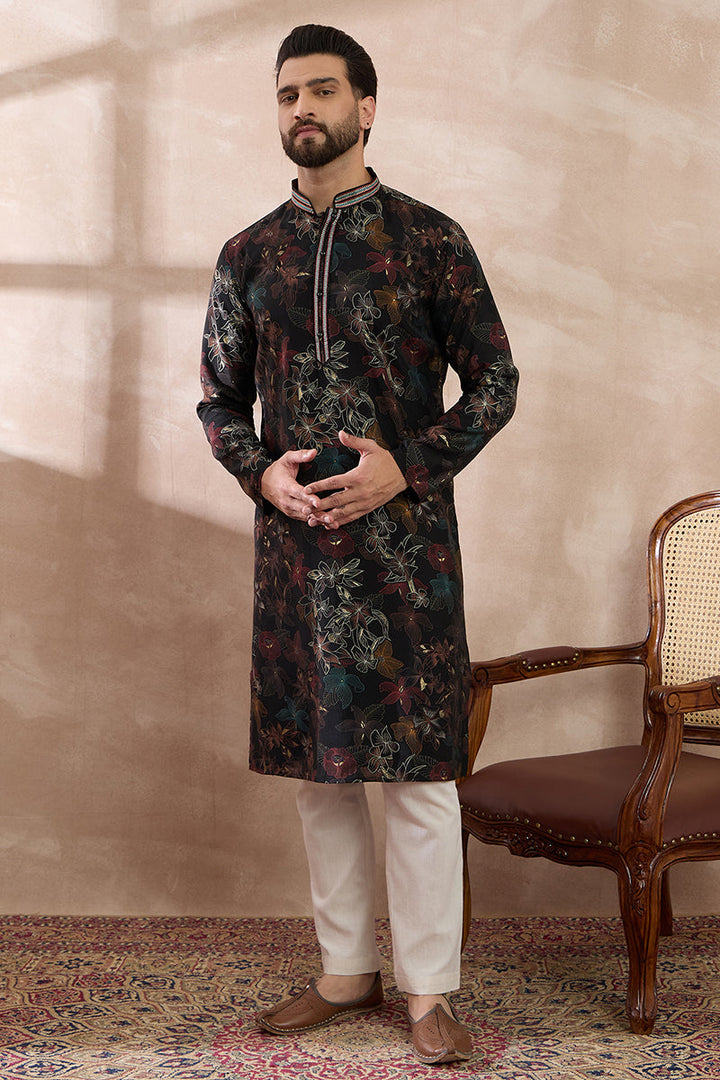 Black Silk Blend Printed Mandarin Collar Straight Kurta With Trouser | SHOBITAM