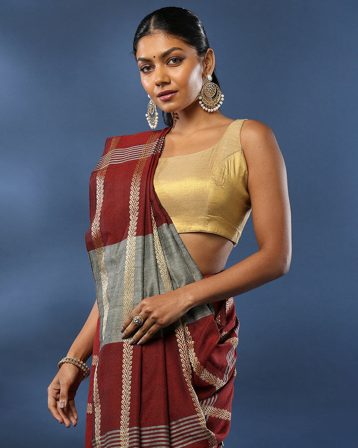Maroon cotton Woven Saree with Blouse piece | SHOBITAM