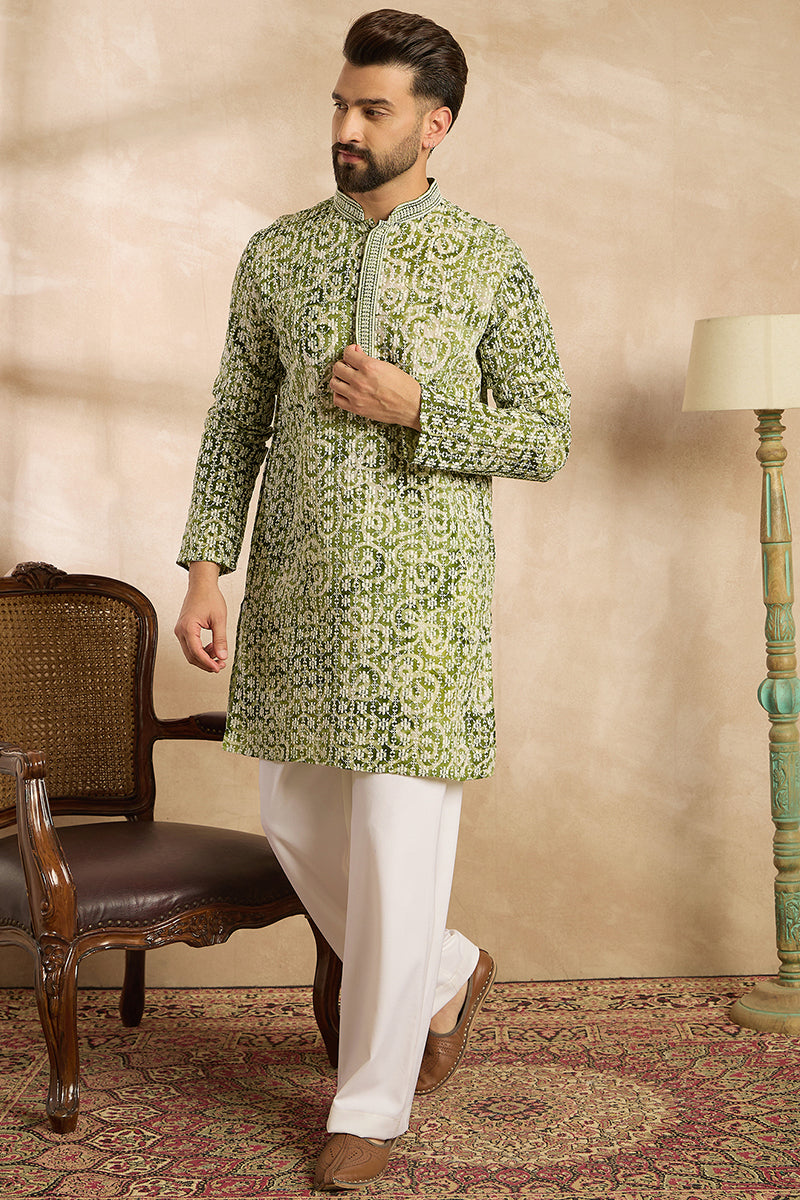 Green Viscose Rayon Batik Embroidered Straight Kurta | SHOBITAM
