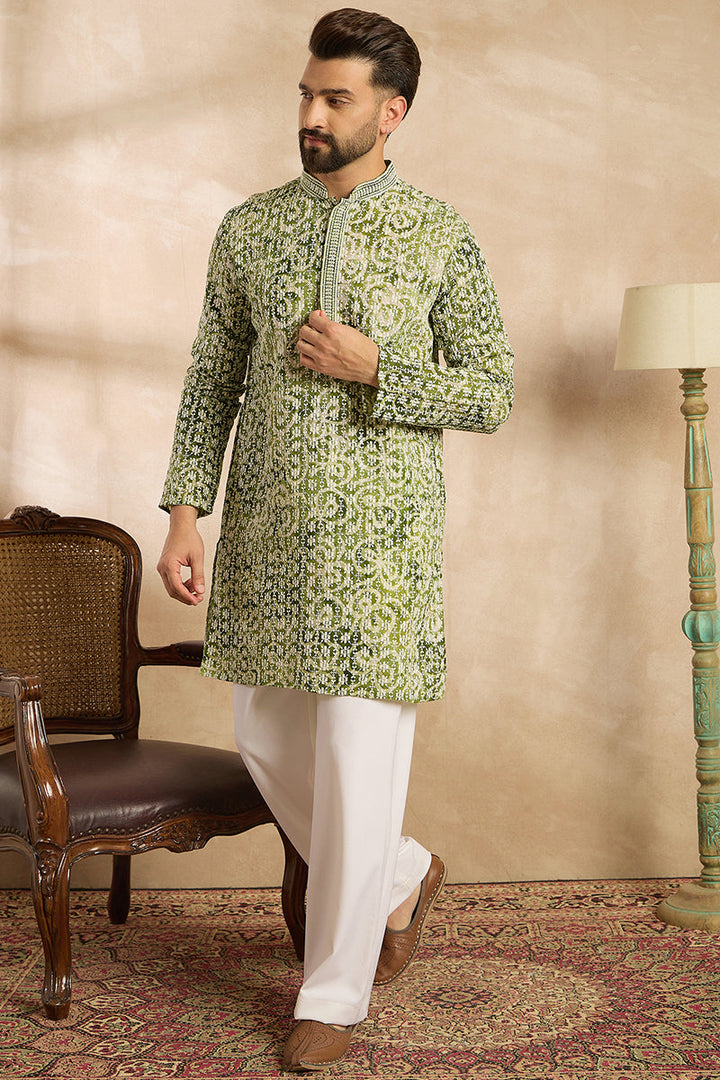 Green Viscose Rayon Batik Embroidered Straight Kurta | SHOBITAM