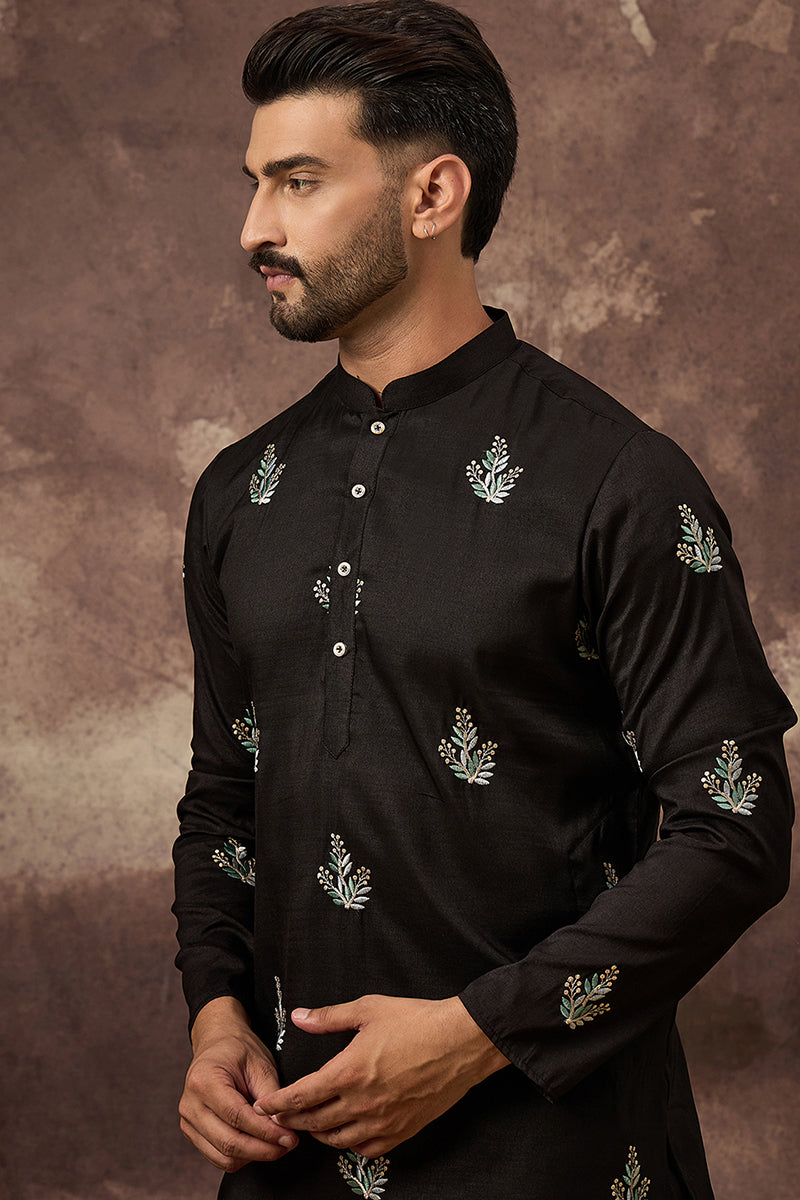 Black Silk Blend Solid Embroidered Straight Kurta with Trouser  | SHOBITAM