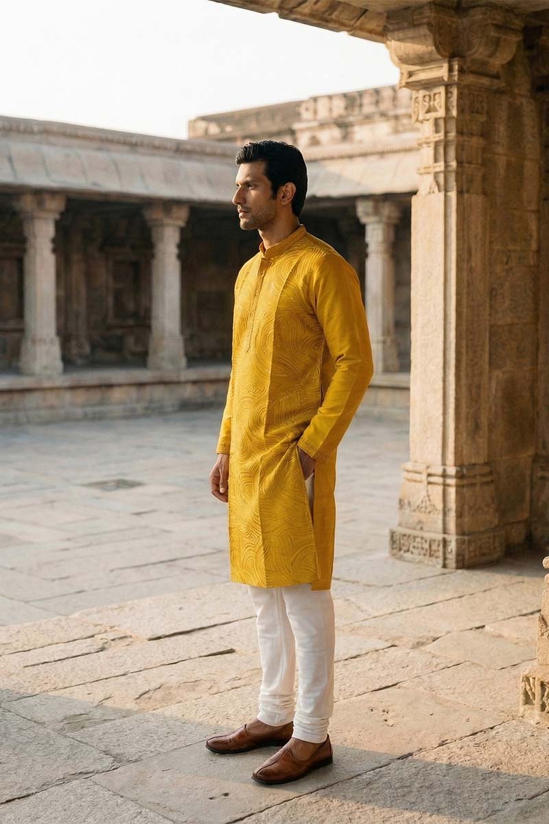 Yellow Silk Blend Embroidered Straight Kurta | SHOBITAM