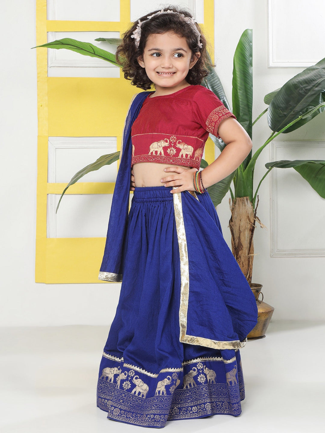 Blue Elephant Zari Embroidery Chanderi Cotton Lehenga with Stitched Red Blouse Set | SHOBITAM