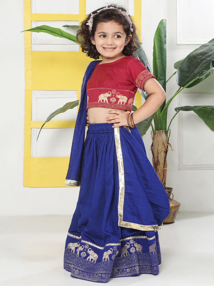 Blue Elephant Zari Embroidery Chanderi Cotton Lehenga with Stitched Red Blouse Set | SHOBITAM