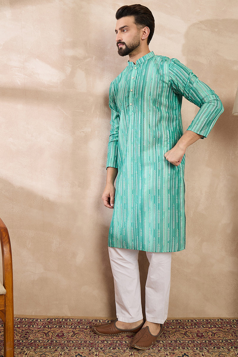 Green Silk Blend Floral Printed Straight Kurta For Men | SHOBITAM