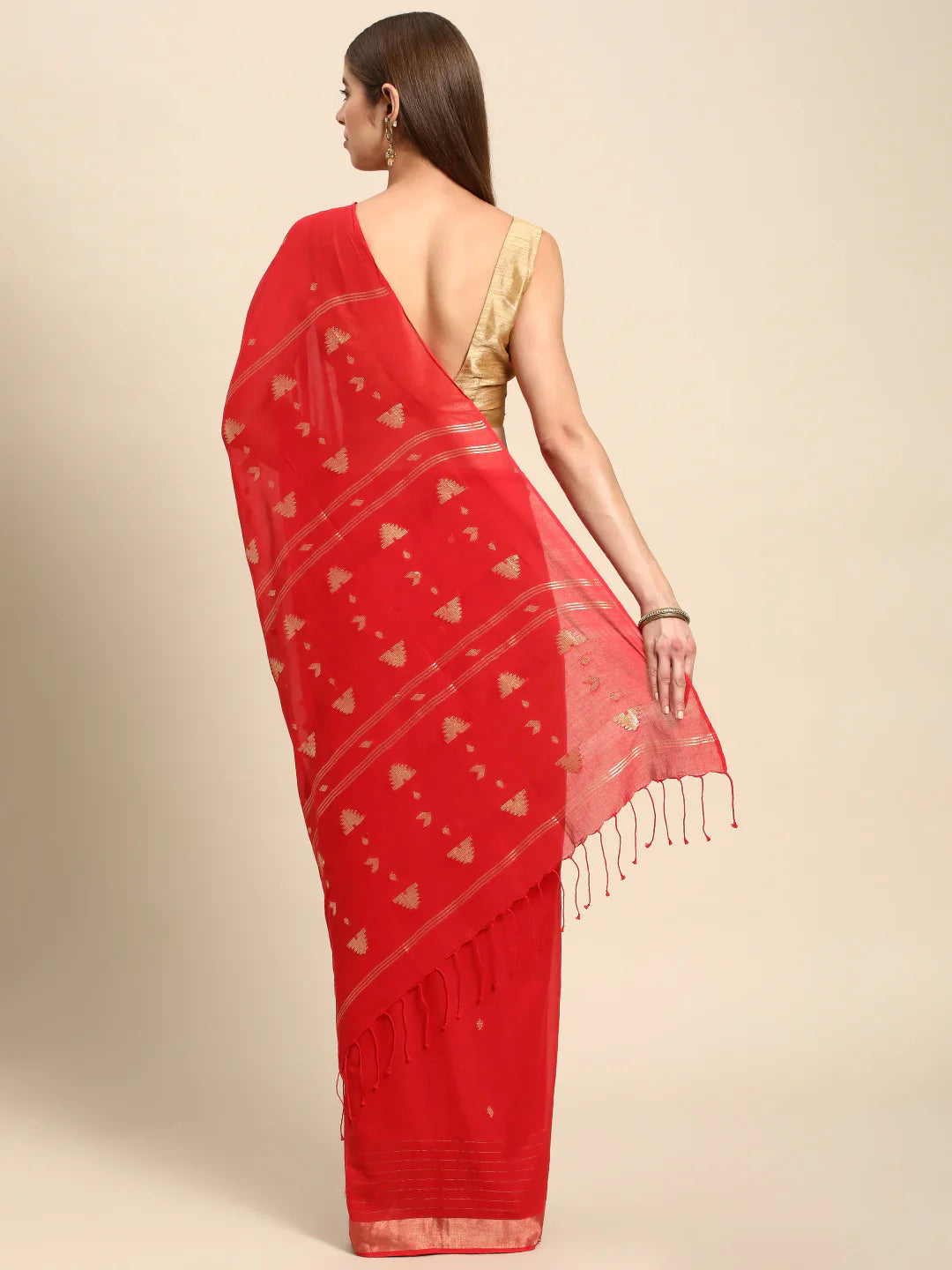 Red Handloom Zari buti Jamdani Cotton Saree with blouse piece