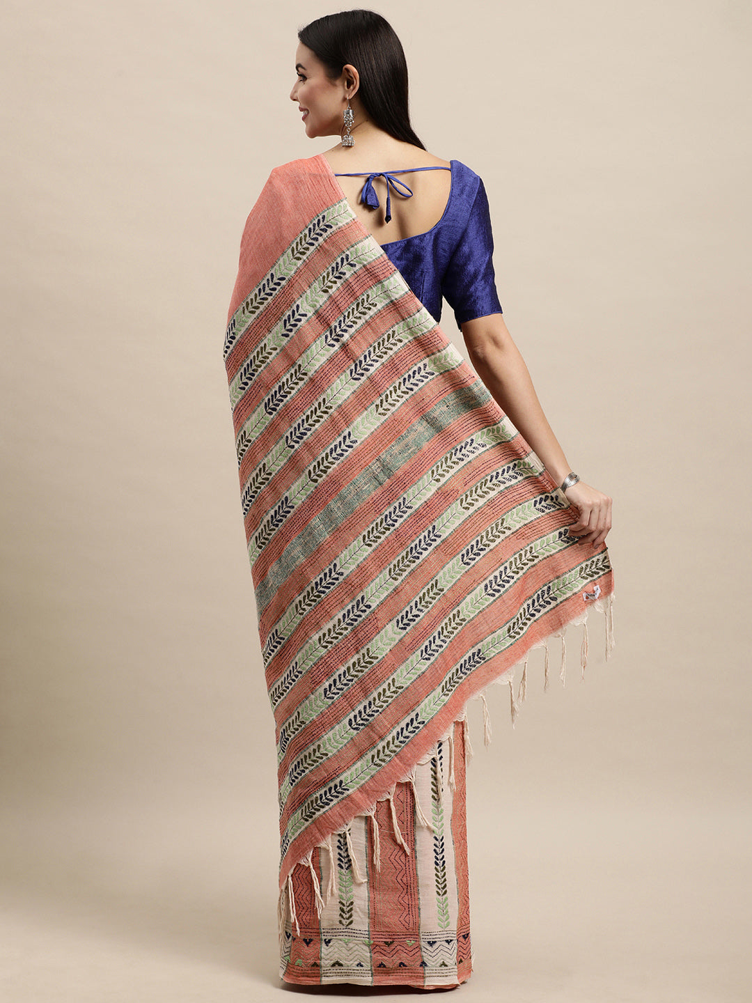 Peach Khesh Kantha Cotton Saree | SHOBITAM