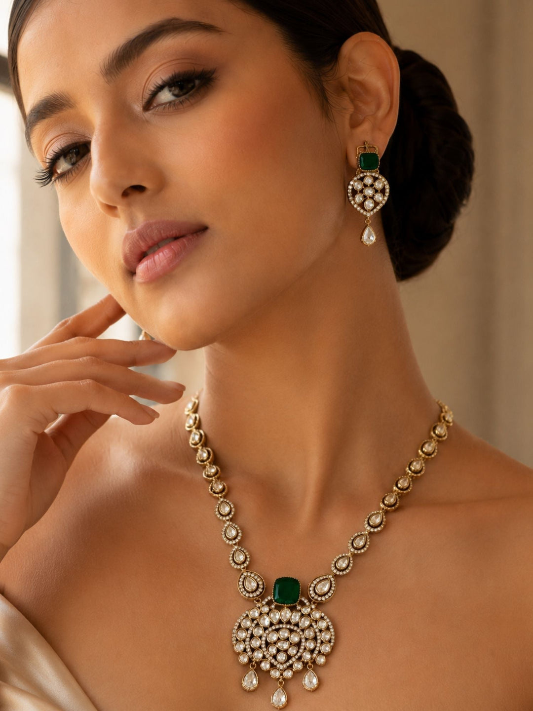Green Kundan Pendant Necklace Set in Gold Plating | SHOBITAM