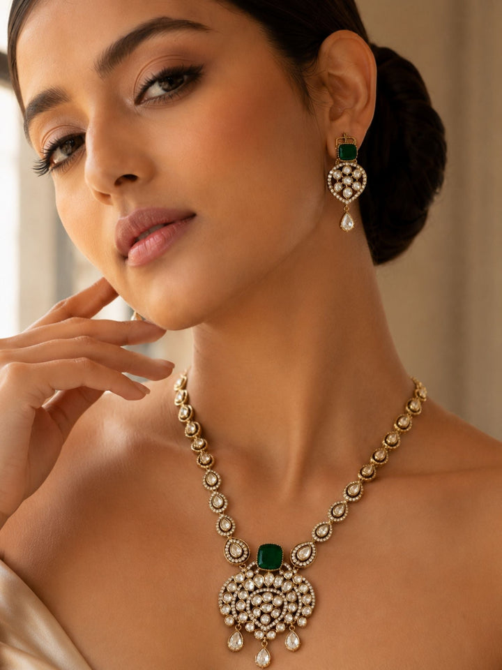 Green Kundan Pendant Necklace Set in Gold Plating | SHOBITAM