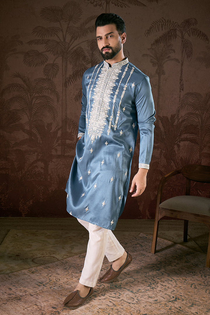 Blue Silk Blend Solid Embroidered Straight Kurta With Trouser | SHOBITAM