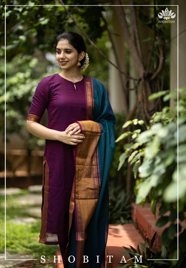 Thenmozhi Magenta NarayanPet Kurti and Dupatta Set Bottom Not included | Shobitam Custom Gowns and Readymades