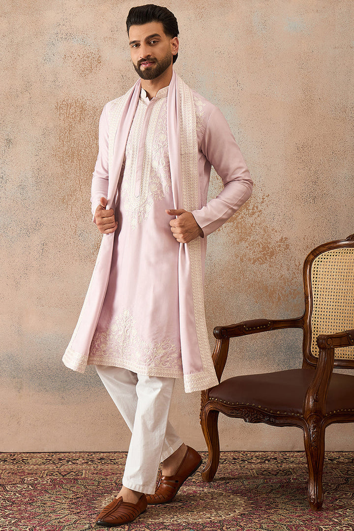 Mens Lavender Silk Blend Solid Embroidered Kurta Trouser With Dupatta  | SHOBITAM