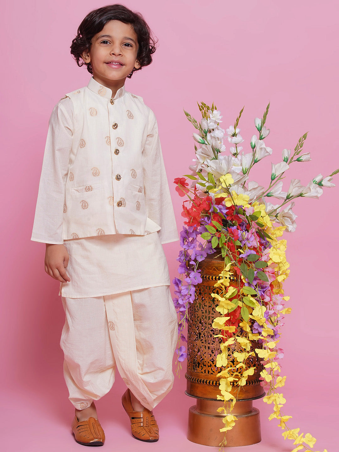 Boys Cotton Full Sleeves Ambi Embrodiery Nehru Jacket with Kurta and Dhoti - Cream | SHOBITAM