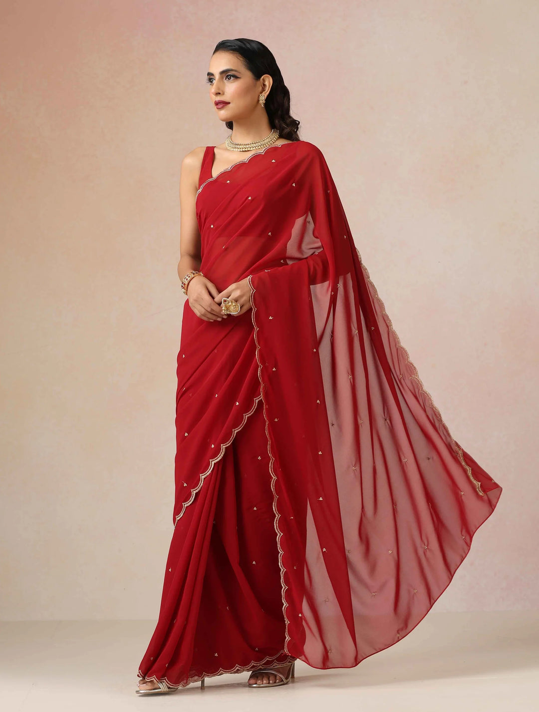 Maroon Georgette Embroidered Saree With unstitched Blouse | SHOBITAM