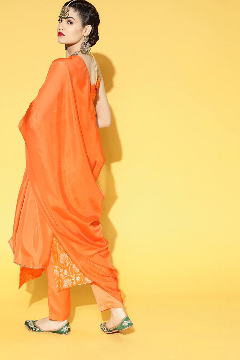 Orange Floral Cotton Kurta, Trouser Dupatta Set | SHOBITAM