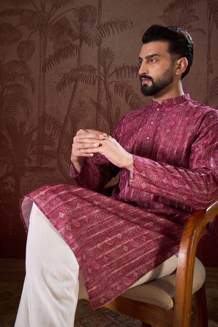 Maroon Silk Blend Ethnic Motifs Printed Straight Kurta With Trouser | SHOBITAM