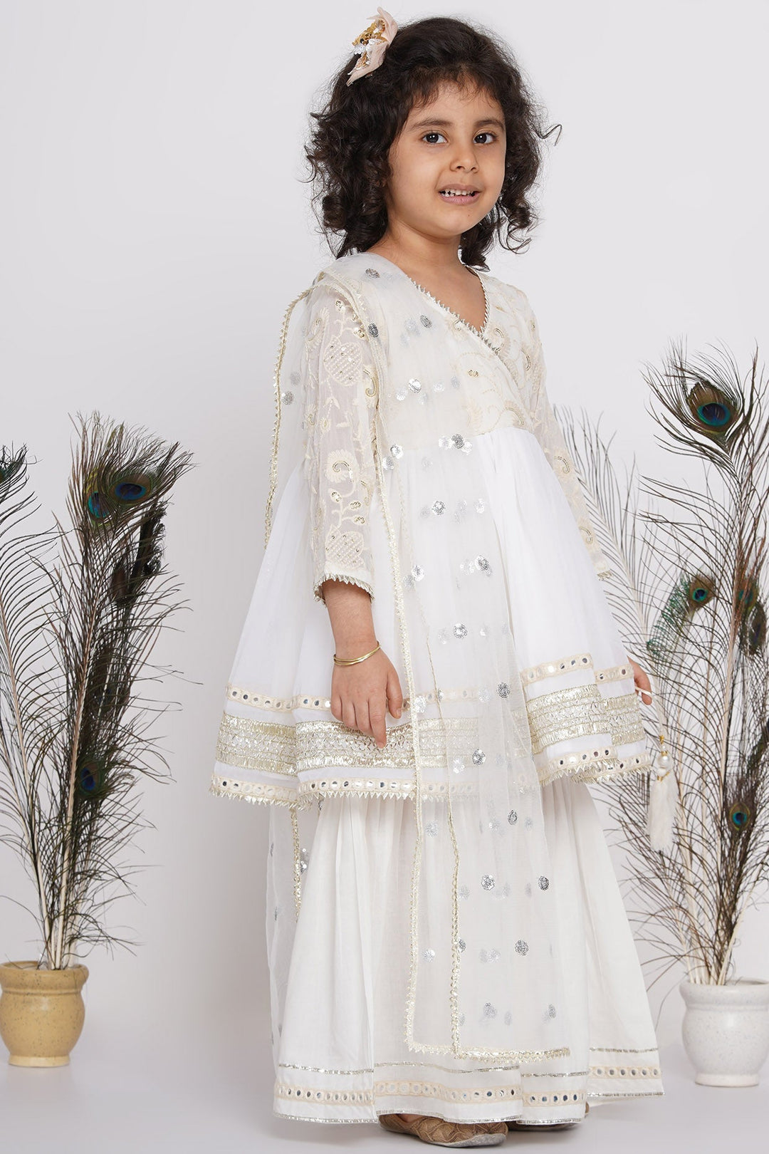 Girls Floral Embroidery and Lacework Angrakha Kurta with Sharara | SHOBITAM