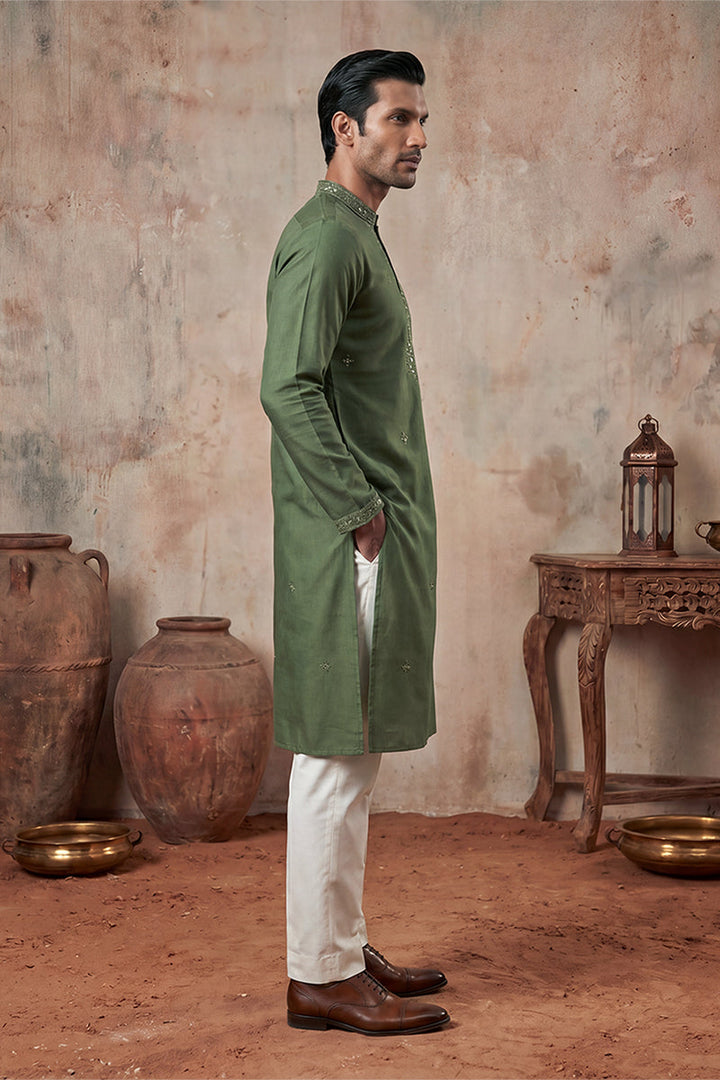 Mens Green Silk Blend Solid Emboidered Sequins Kurta With Trouser | SHOBITAM