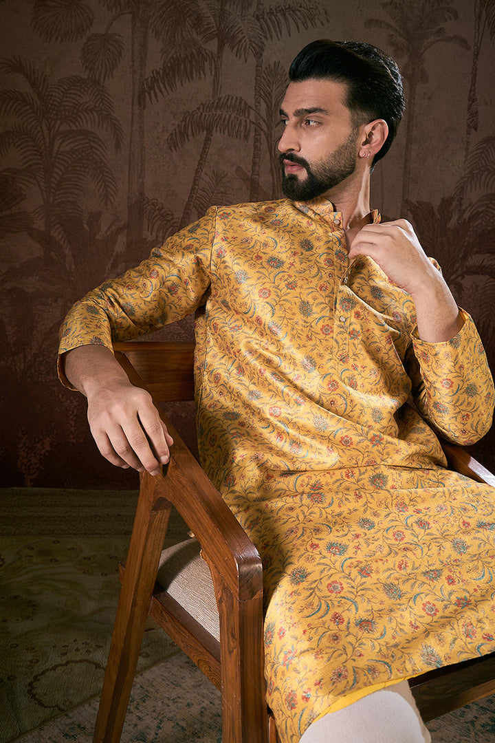 Yellow Silk Blend Floral Printed Straight Kurta For Men | SHOBITAM