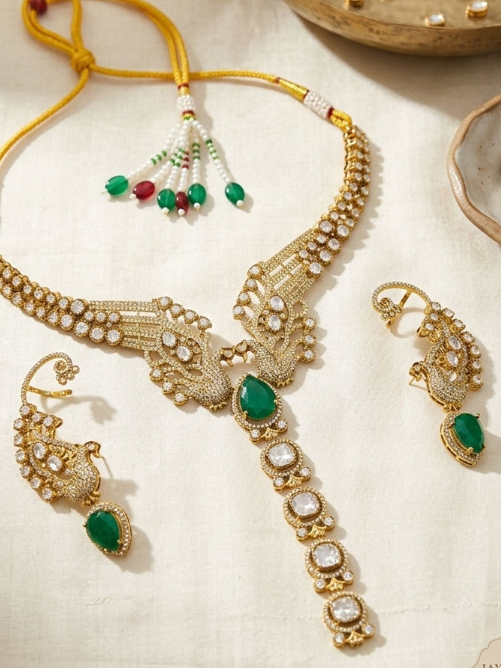 Peacock Design Kundan Necklace Set with Green Stone | Shobitam