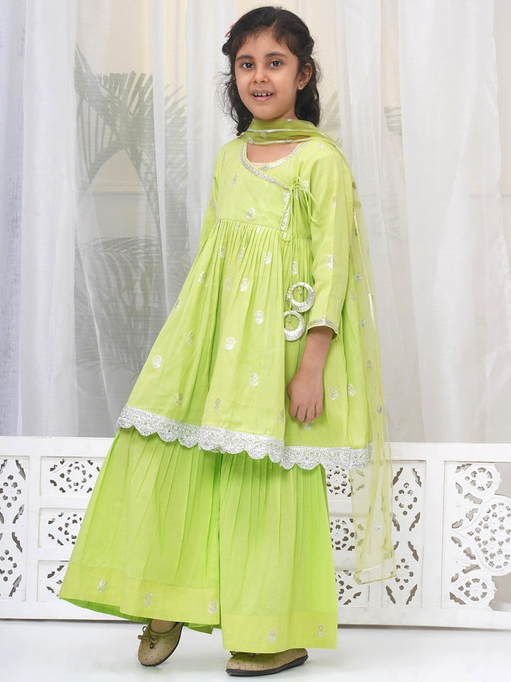 Girls Cotton Three Fourth Sleeves Angrakha Kurta with Sharara and Net Dupatta with Rose & Petal Design Zari Work -Green | SHOBITAM