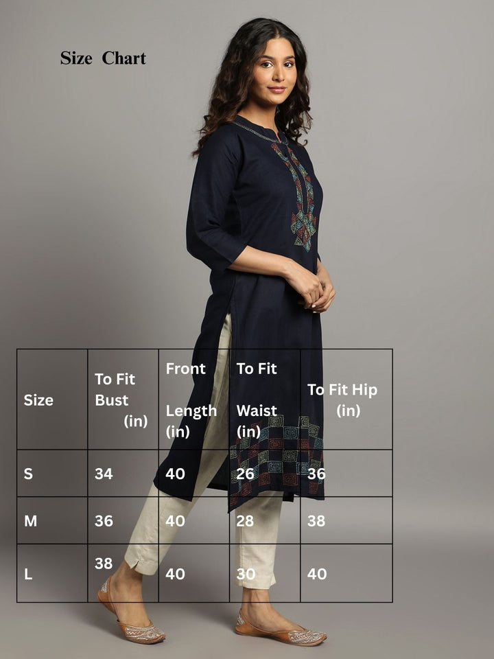 Navy Kantha Cotton Kurta | SHOBITAM