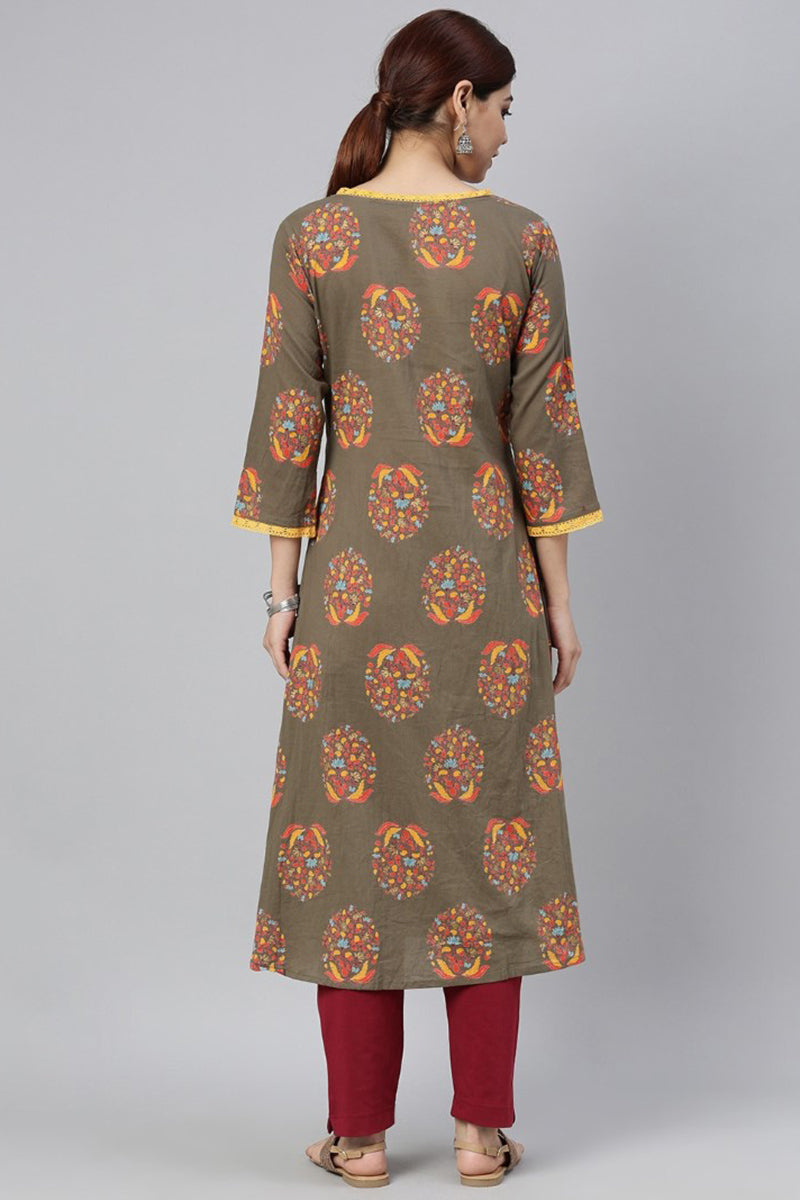 Taupe Cotton A-Line Kurta | SHOBITAM