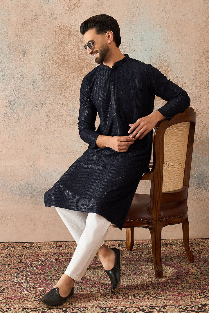 Blue Rayon Embroidered Straight Kurta | SHOBITAM