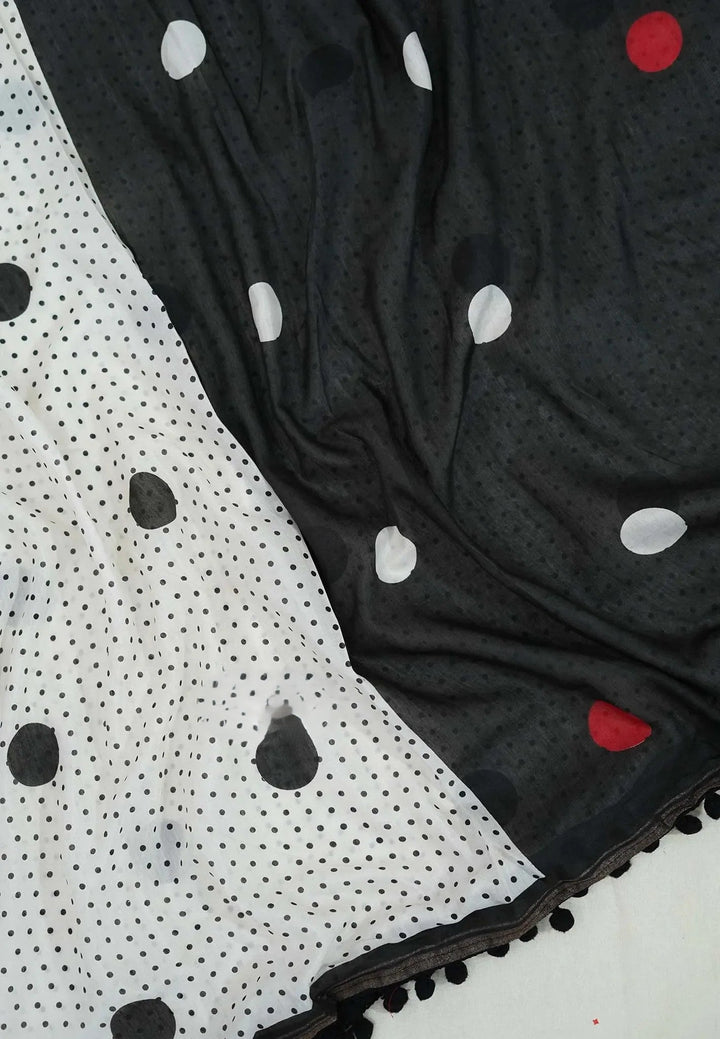 Chanderi Cotton Saree Half and Half Design with Pompoms | SHOBITAM