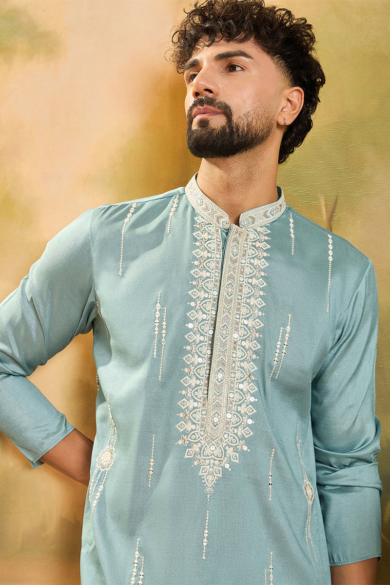 Blue Silk Blend Solid Embroidered Straight Kurta with Trouser | SHOBITAM
