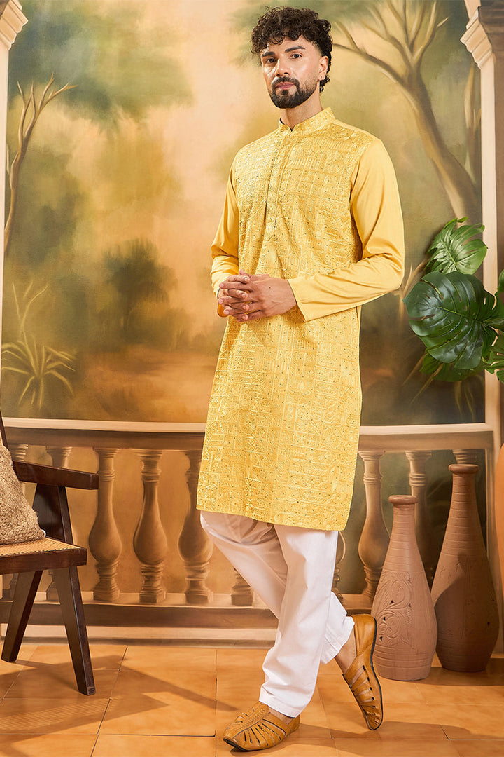 Yellow Silk Blend Solid Embroidered Straight Kurta | SHOBITAM