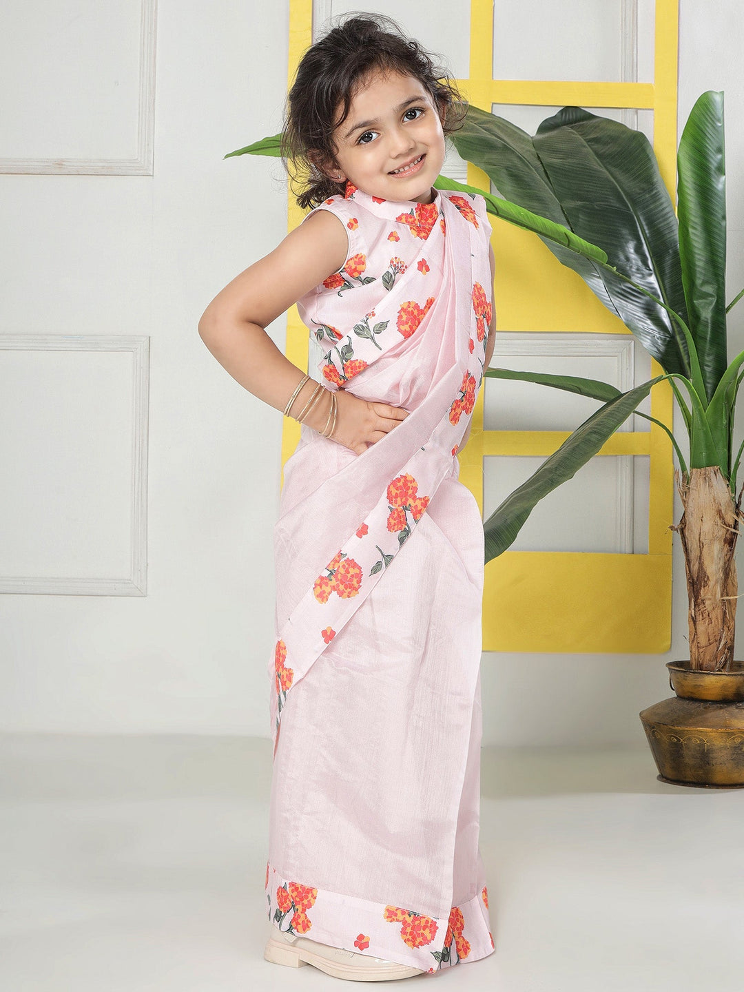 Pink Salt Floral Ready to Wear Saree with Stitched Blouse set | SHOBITAM