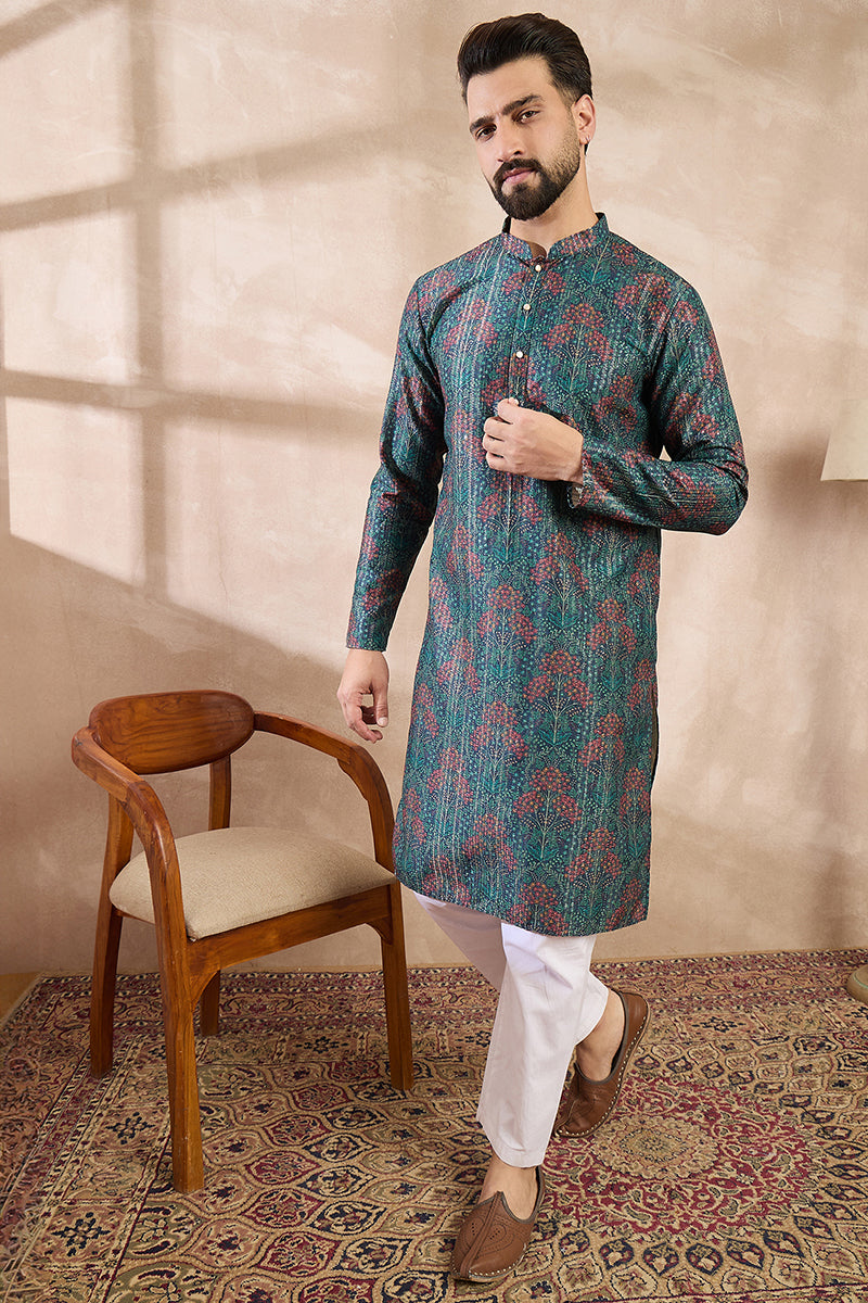 Blue Silk Blend Floral Printed Straight Kurta With Trouser| SHOBITAM