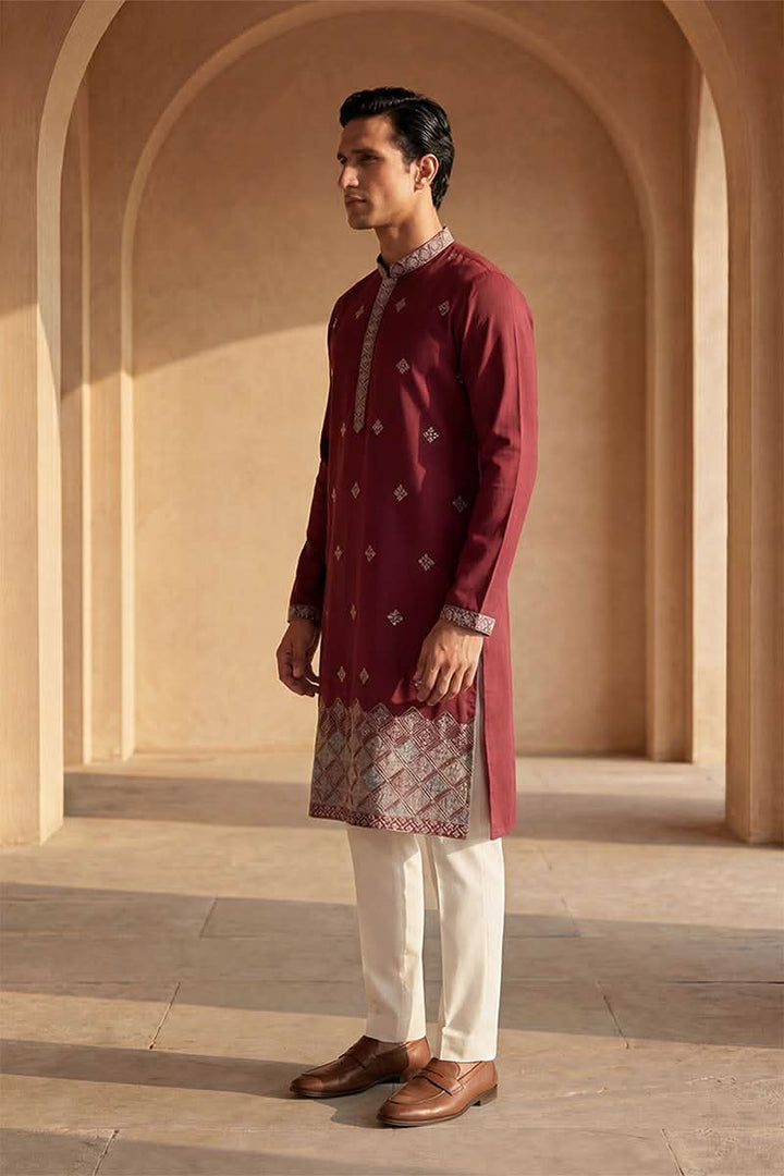 Silk Blend Maroon Solid Embroidered Calf Length Straight Kurta | SHOBITAM