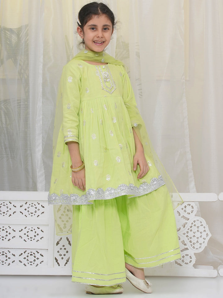 Girls Cotton Three Fourth Sleeves Frock Style Kurta with Sharara and Net Dupatta with Rose & Petal Design Zari work -Green | SHOBITAM