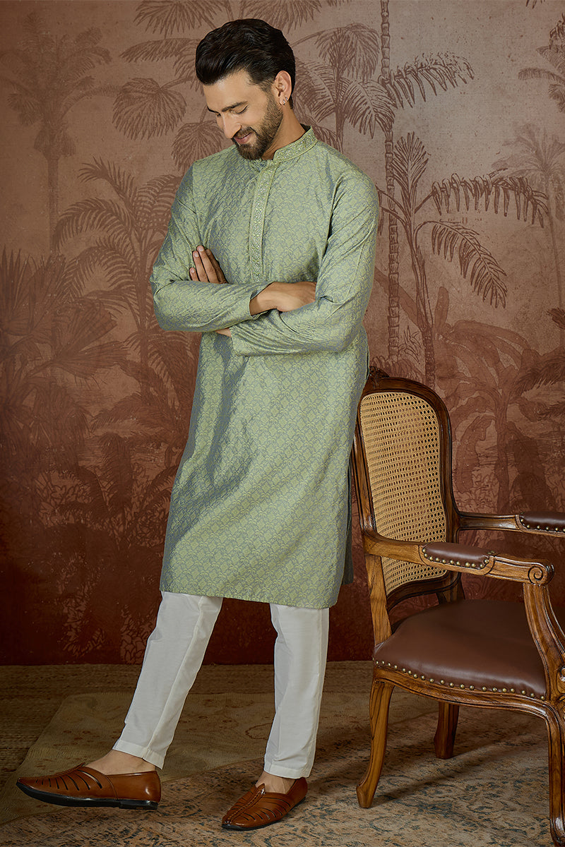Mens Green Jacquard Solid Embroidered Kurta | SHOBITAM