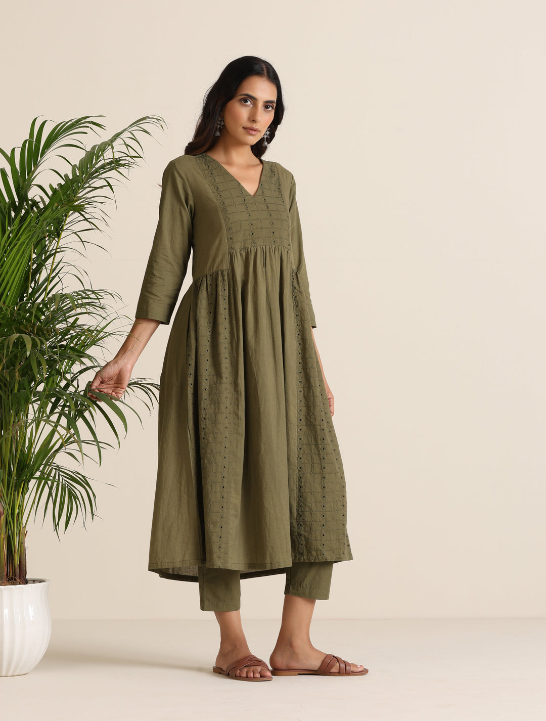 Olive Cotton Cutwork Embroidered Kurta Set  | SHOBITAM