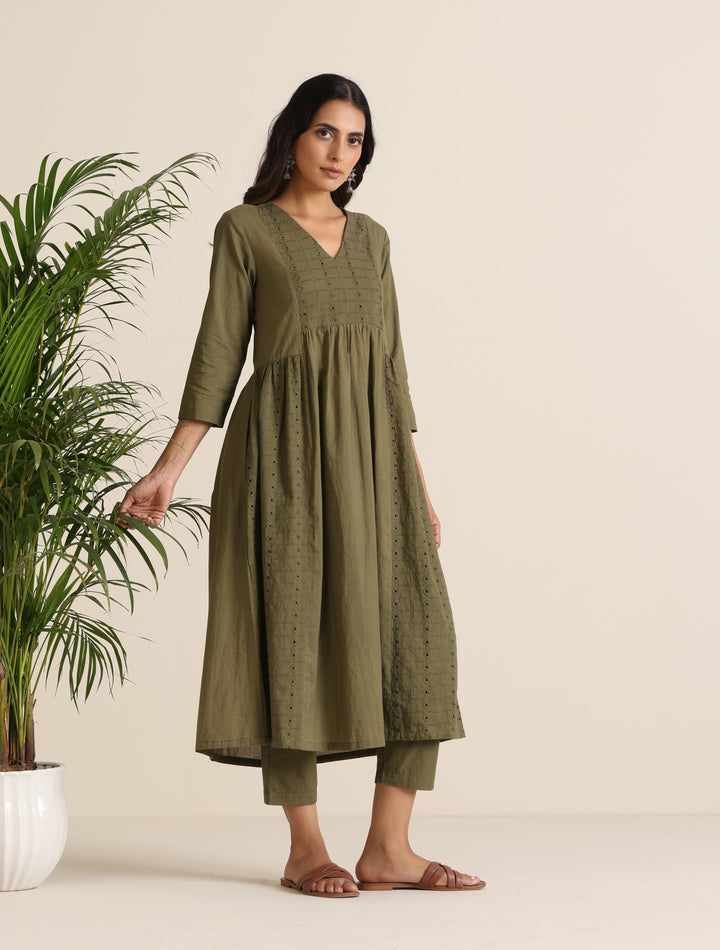 Olive Cotton Cutwork Embroidered Kurta Set  | SHOBITAM