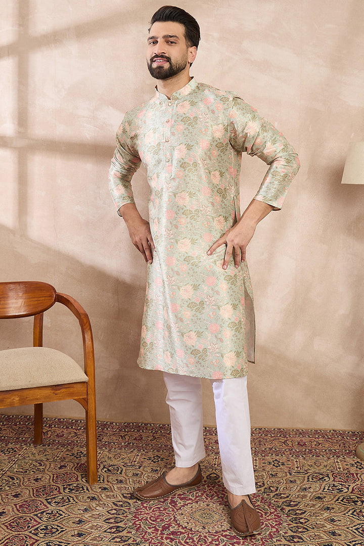 Green Silk Blend Floral Printed Straight Kurta For Men | SHOBITAM