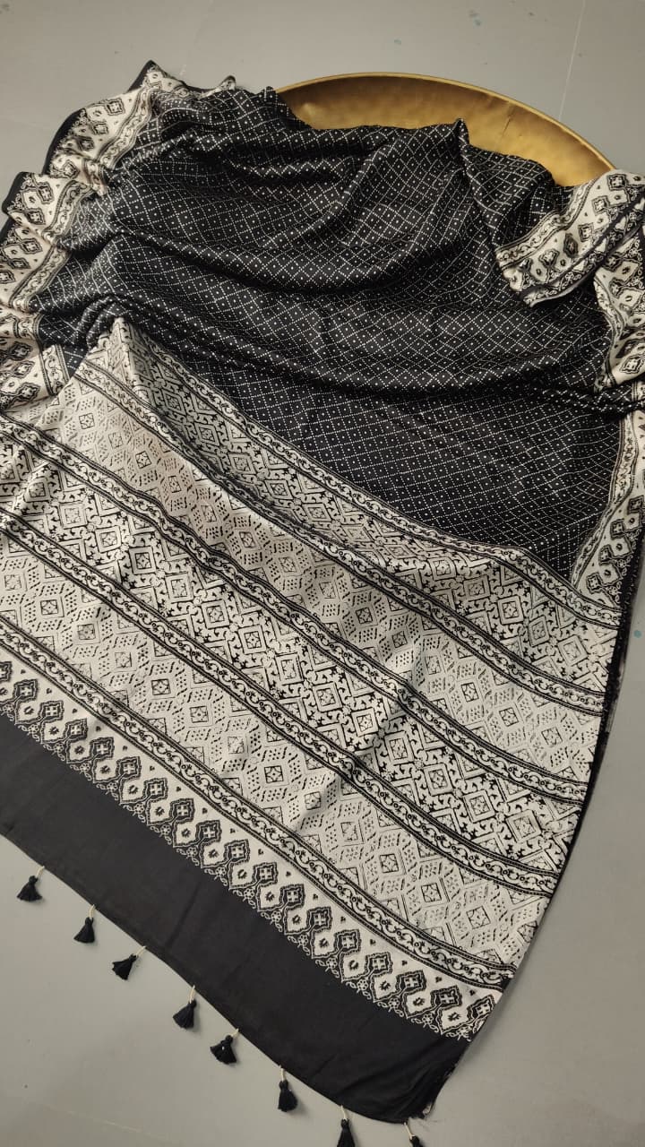 Statement Black and White Authentic Ajrakh  Hand Block Print on Modal Silk Saree | SHOBITAM